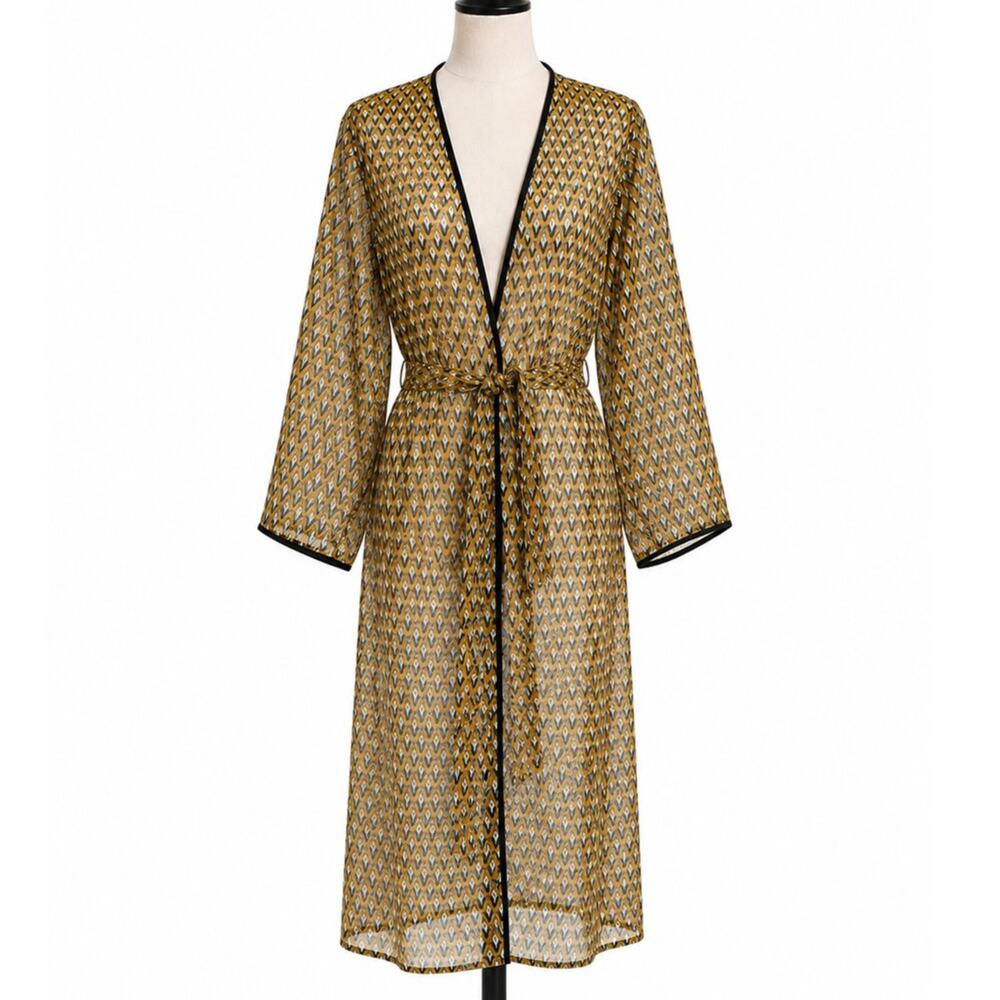 The Lingerie Collection Womens Gold Black Wrap Long Geometric Robe Size Medium